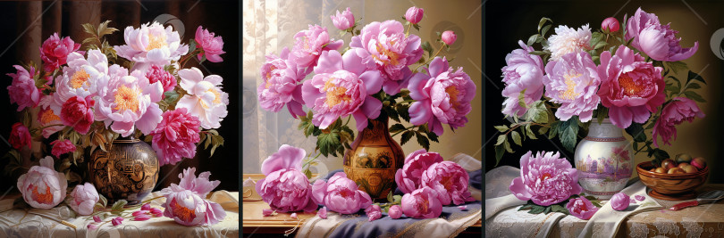 Скачать Коллекция иллюстраций с изображением цветущих розовых пионов в вазе в качестве шаблона для схемы вышивания крестиком. Узор для вышивания крестиком пионов или пионовидных роз. Набор иллюстраций к пионам фотосток Ozero