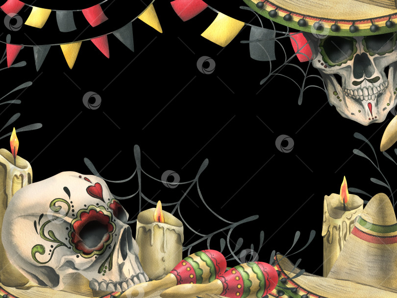 Скачать Человеческие черепа в шляпе-сомбреро, маракасы, гирлянды флагов, свечи и паутина. Нарисованная от руки акварельная иллюстрация ко дню мертвых, Хэллоуину, Диа-де-лос-муэртос. Шаблон на черном фоне. фотосток Ozero