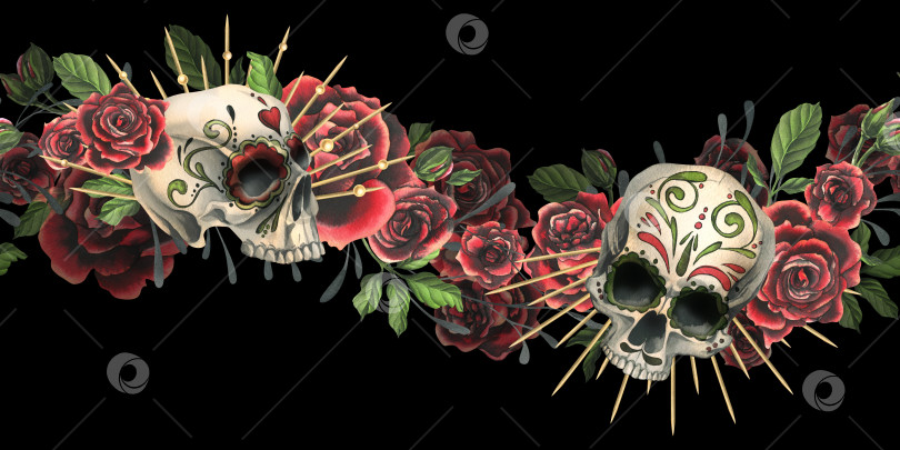 Скачать Человеческие черепа с орнаментом, красные розы в золотой короне, ветви. Нарисованная от руки акварельная иллюстрация к Хэллоуину, дню мертвых, Диа-де-лос-муэртос. Бесшовная доска на черном фоне. фотосток Ozero