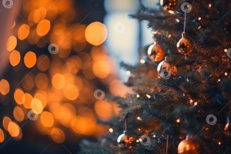Скачать Размытые золотые украшения рождественской елки. Поздравительная открытка. Генеративный искусственный интеллект. фотосток Ozero