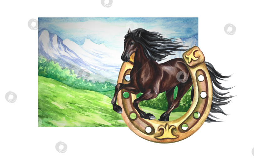 Скачать Бегущая коричневая лошадь на фоне горного пейзажа. Ручная акварель. Для печати, наклеек и этикеток. фотосток Ozero