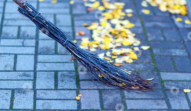Скачать Фрагмент дворницкой метлы в выборочном фокусе на фоне опавших осенних листьев в городском парке в размытом виде. фотосток Ozero