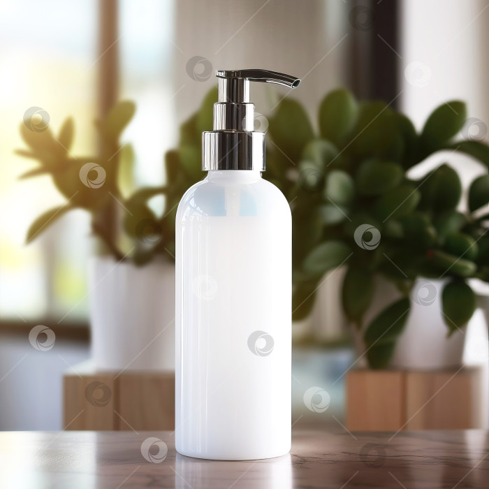 Скачать Белая бутылочка с помпой для жидкого мыла в интерьере домашней ванной комнаты. Созданный искусственный интеллект. фотосток Ozero
