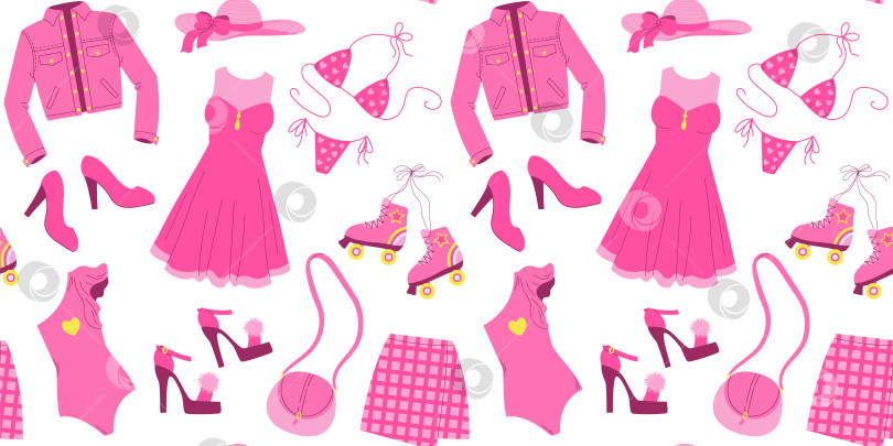 Скачать Бесшовный узор с гламурной модной розовой одеждой, сумкой, купальниками, обувью. Плоская векторная иллюстрация на белом фоне. Ностальгическая коллекция в стиле Пинккор 2000-х годов. День Святого Валентина. фотосток Ozero