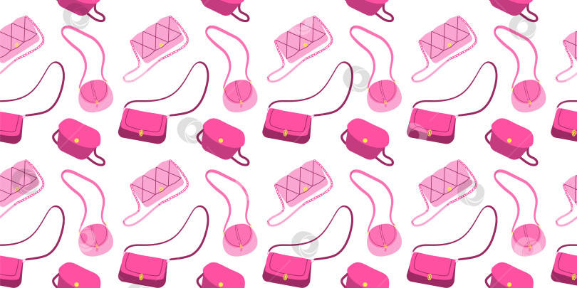 Скачать Бесшовный узор с гламурными модными розовыми разными женскими сумками. Плоская векторная иллюстрация на белом фоне. Ностальгическая коллекция в стиле Пинккор 2000-х годов. День Святого Валентина. фотосток Ozero