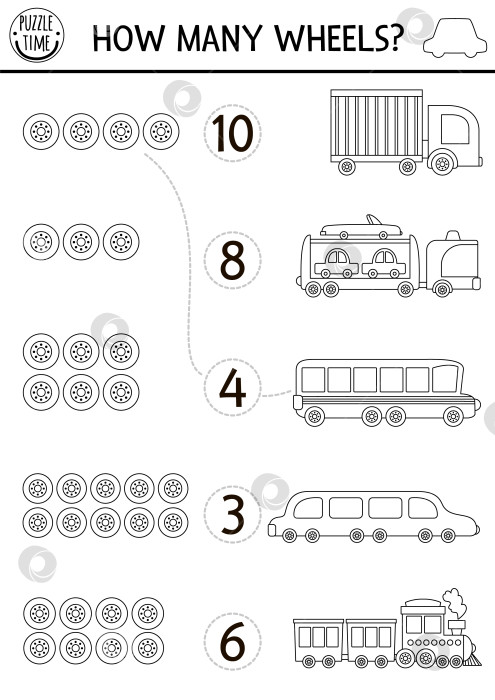 Скачать Сопоставьте цифры черно-белой транспортной игры с транспортными средствами. Математическое занятие по линии городского транспорта для детей. Рабочий лист для подсчета с милым грузовичком, школьным автобусом, лимузином. Сколько колес на странице раскраски фотосток Ozero