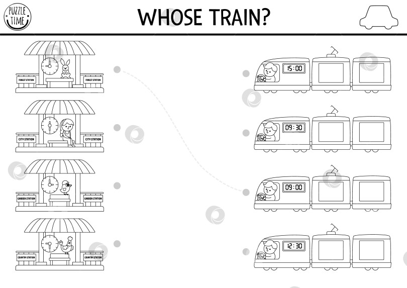Скачать Транспорт черно-белый, сочетающий действия с симпатичным поездом, пассажирами, станцией и временем. Головоломка с линейным городским транспортом. Сопоставьте страницу раскраски, рабочий лист для печати с транспортными средствами фотосток Ozero