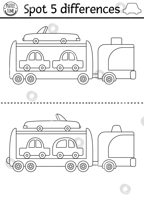 Скачать Игра "Найди отличия" для детей. Образовательная черно-белая игра транспортной линии с симпатичным автомобильным перевозчиком. Симпатичная головоломка для детей с эвакуатором. Рабочий лист для печати или раскраска фотосток Ozero