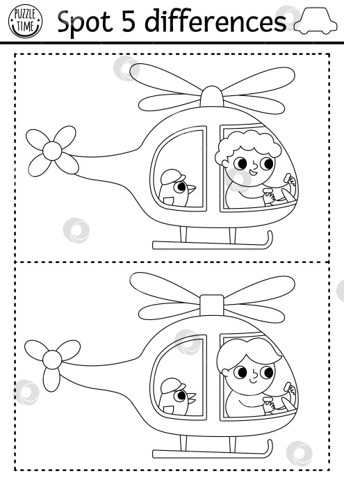 Скачать Игра "Найди отличия" для детей. Транспортная черно-белая активность с вертолетом и пилотом, летящим в небе. Симпатичная линейная головоломка для детей с транспортом. Рабочий лист для печати, страница-раскраска фотосток Ozero