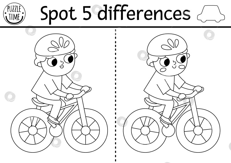 Скачать Игра "Найди отличия" для детей. Образовательное черно-белое занятие транспортной линии с мальчиком, катающимся на велосипеде. Симпатичная головоломка для детей с транспортом. Рабочий лист для печати, страница-раскраска фотосток Ozero
