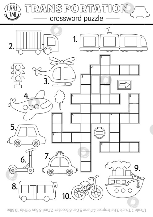 Скачать Векторный транспортный кроссворд, черно-белая головоломка для детей. Простая линейная викторина с автомобилем, грузовиком, самолетом, такси, кораблем, автобусом, скутером, велосипедом, вертолетом. Упражнение по раскрашиванию кроссвордов с транспортом фотосток Ozero