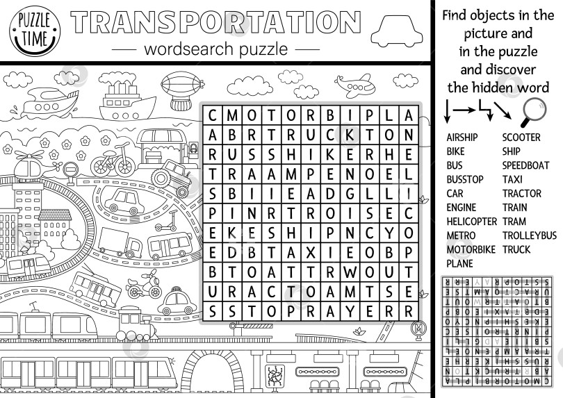 Скачать Векторный поиск слов по транспорту - черно-белая головоломка для детей. Простая викторина по поиску слов в строке с городским пейзажем. Образовательная деятельность с самолетом, кораблем, автомобилем, автобусом, поездом. Страница-раскраска с перекрестными словами фотосток Ozero