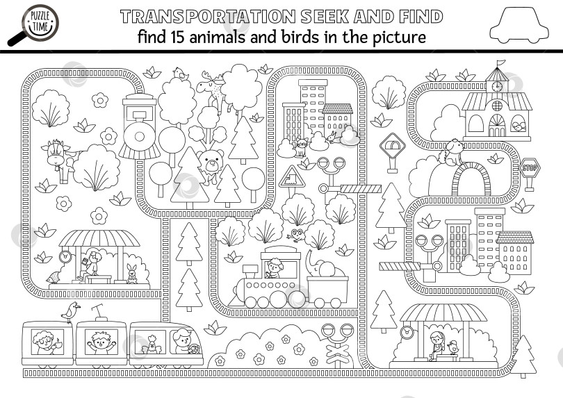 Скачать Векторный транспорт ищет черно-белую игру с городским пейзажем, рельсами, поездами. Найдите спрятанных животных, раскраску птиц. Простой поиск железнодорожного транспорта найдите занятие для детей, пригодное для печати фотосток Ozero
