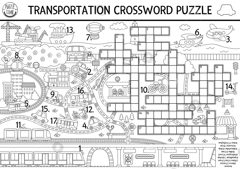Скачать Векторный транспортный черно-белый кроссворд для детей. Простая линейная викторина с городским пейзажем. Образовательная деятельность с использованием транспорта, автомобиля, поезда, автобуса, метро. Симпатичная раскраска с перекрестными словами фотосток Ozero