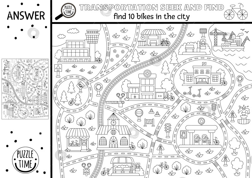 Скачать Векторный транспорт ищет черно-белую игру с городским пейзажем с дорогами, автомобилями. Найдите страницу раскраски "Скрытые велосипеды". Простой водный, воздушный, наземный транспорт ищите и находите занятия для детей, пригодные для печати фотосток Ozero