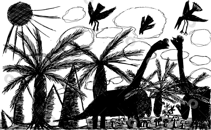 Скачать Пейзаж с динозаврами, нарисованный ребенком. Графическое изображение фотосток Ozero