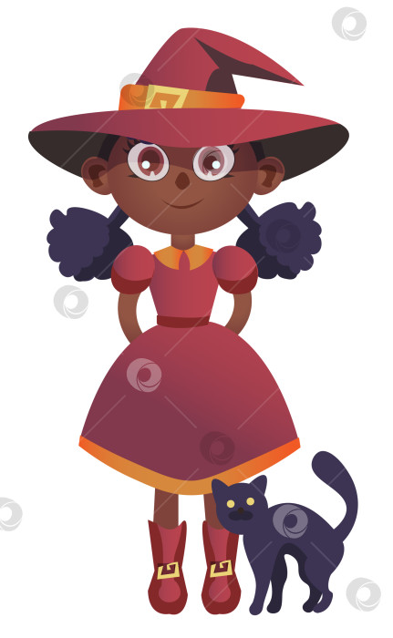 Скачать симпатичная ведьма в красном платье с черным котом фотосток Ozero