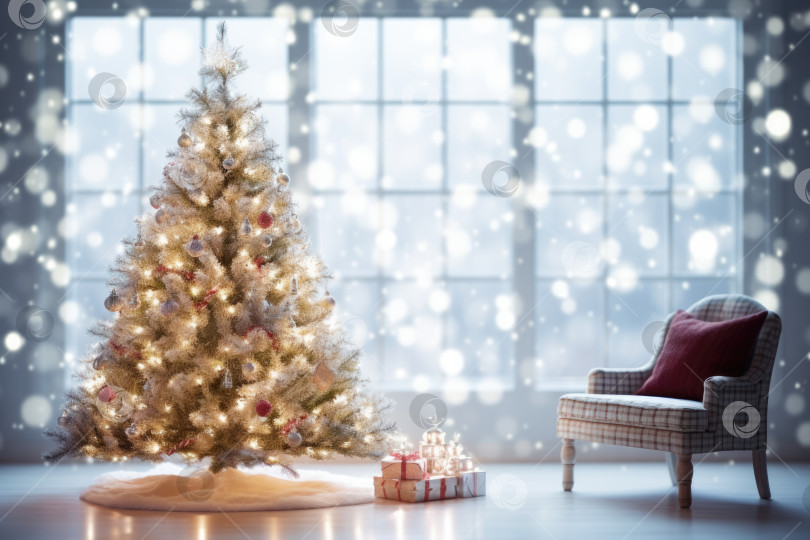 Скачать Рождественский фон с украшениями рождественской елки в гостиной. Генеративный искусственный интеллект. фотосток Ozero