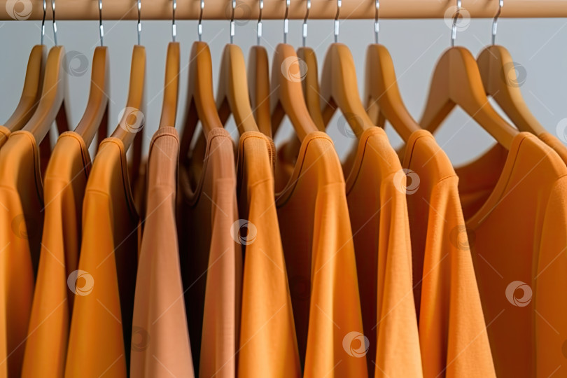 Скачать Новые простые толстовки абрикосового цвета на вешалках магазина одежды. Повседневная одежда для осеннего сезона. фотосток Ozero