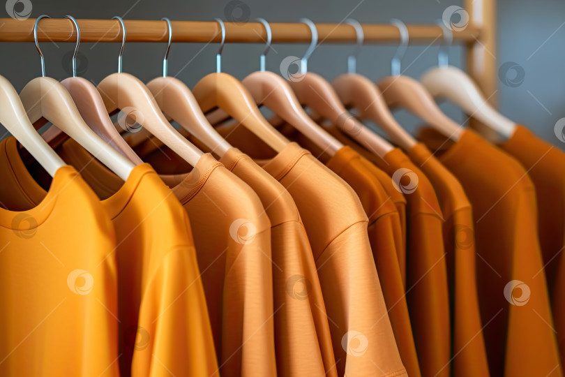 Скачать Новые простые толстовки абрикосового цвета на вешалках магазина одежды. Повседневная одежда для осеннего сезона. фотосток Ozero
