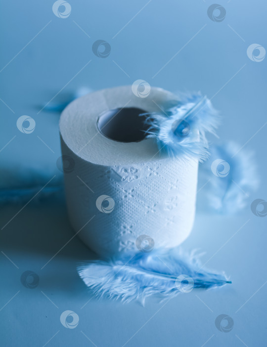 Скачать Туалетная бумага на синем фоне, окруженная синими перьями фотосток Ozero