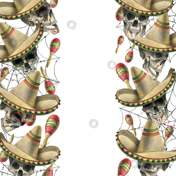 Скачать Украшенный орнаментом человеческий череп в шляпе-сомбреро с маракасами и паутиной. Нарисованная от руки акварельная иллюстрация ко дню мертвых, Хэллоуину, Диа-де-лос-муэртос. Шаблон, рамка на белом фоне фотосток Ozero