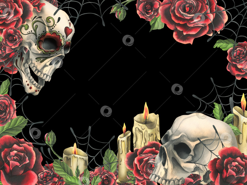 Скачать Украшенный человеческий череп красными розами, свечами и паутиной. Нарисованная от руки акварельная иллюстрация ко дню мертвых, Хэллоуину, Диа-де-лос-муэртос. Квадратная рамка, шаблон на черном фоне. фотосток Ozero