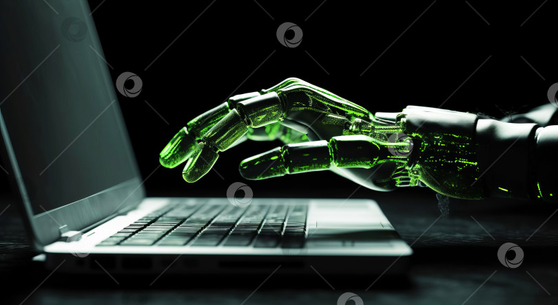 Скачать Рука робота печатает на ноутбуке. Технологии, искусственный интеллект. Созданный искусственный интеллект. фотосток Ozero