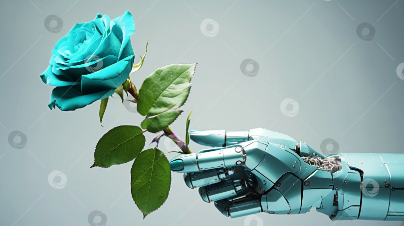 Скачать Рука робота, держащая розу. Технологии, искусственный интеллект. Созданный искусственный интеллект. фотосток Ozero