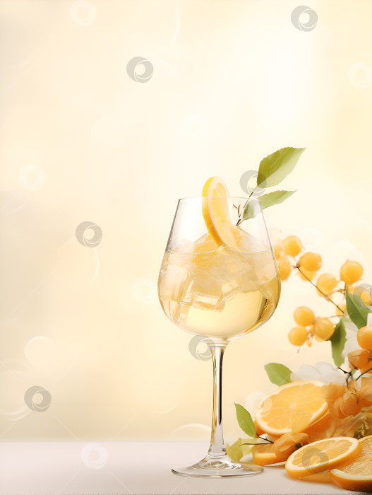 Скачать Вертикальный баннер с пуншевым напитком. Алкогольный коктейль с ромом, фруктами, лимоном и специями на светлом фоне пастельных тонов. Осенний напиток из белого вина. Традиционный осенний коктейль на основе рома, сахара и фруктового сока фотосток Ozero