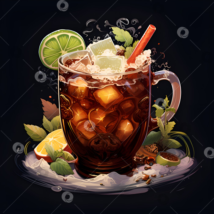 Скачать Иллюстрация к пуншевому напитку. Алкогольный коктейль на основе черного чая с ромом, фруктами, цитрусами и специями на темном фоне. Праздничный осенний напиток. Осенний или зимний традиционный праздничный коктейль фотосток Ozero