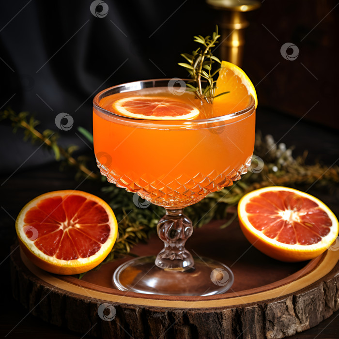 Скачать Коктейль "Гарибальди", приготовленный из красного горького и свежевыжатого сока сицилийского апельсина, украшенный ломтиком красного апельсина и веточкой розмарина. Бокал с апельсиновым пуншем на деревянной доске на темном фоне фотосток Ozero