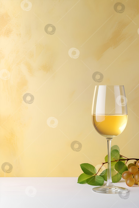 Скачать Баннер с белым вином. Бокал белого вина и зелено-желтые виноградные грозди на столе на фоне пастельных тонов, скопируйте пространство. Виноград сорта рислинг для приготовления сухих, полусладких, сладких и игристых белых вин фотосток Ozero