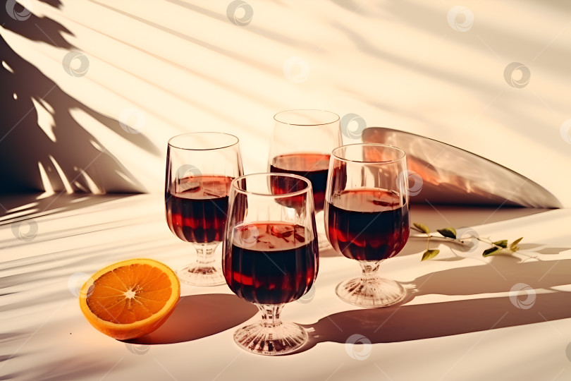 Скачать Глинтвейн в минималистичной композиции с жесткими оттенками. Бокалы с согревающими напитками на основе красного вина. Набор горячих напитков из красного вина со специями, долькой апельсина, корицей и анисом. Баннер с глинтвейном фотосток Ozero
