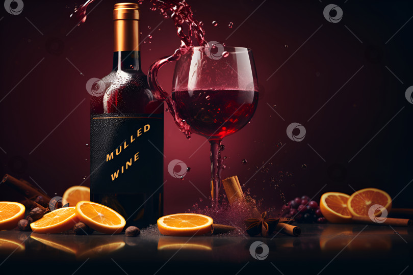 Скачать Рекламный баннер с глинтвейном для рекламы с ограниченным пространством для копирования. Бокал для вина, наполненный глинтвейном из красного сухого вина со специями, долькой апельсина, палочкой корицы и звездочкой аниса на цветном фиолетовом фоне фотосток Ozero