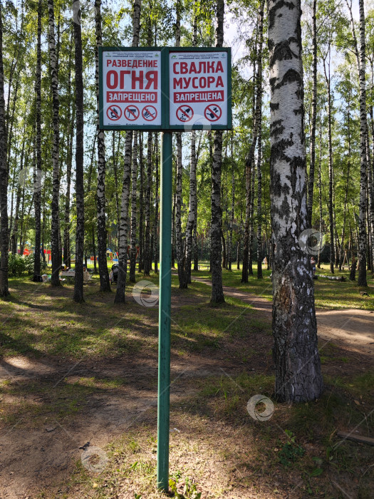 Скачать Знак "Разведение огня запрещено" и "Свалка мусора запрещена" в лесу фотосток Ozero