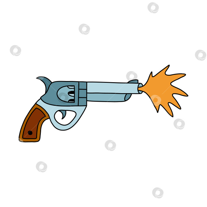 Скачать Простой ковбойский пистолет со знаком взрыва с нарисованным от руки контуром. Револьвер "Магнум" для концепции Дикого Запада, боеприпасы для полицейского или военное оружие. Симпатичный векторный красочный рисунок пистолета, ручного пулемета. фотосток Ozero