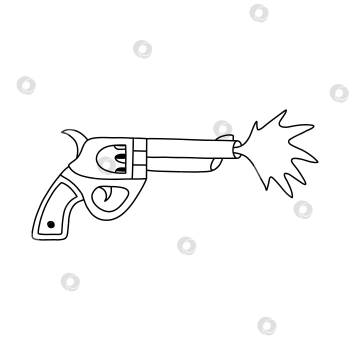 Скачать Простой ковбойский пистолет со знаком взрыва с нарисованным от руки контуром. Револьвер "Магнум" для концепции Дикого Запада, боеприпасы для полицейского или военное оружие. Симпатичный векторный черно-белый рисунок пистолета, ручного пулемета. фотосток Ozero