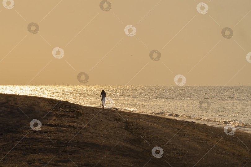 Скачать Силуэт молодой девушки-туристки на прогулке, идущей по песчаному пляжу и смотрящей на море во время красочного заката. Силуэт девушки, идущей по песчаному морскому пляжу во время заката фотосток Ozero
