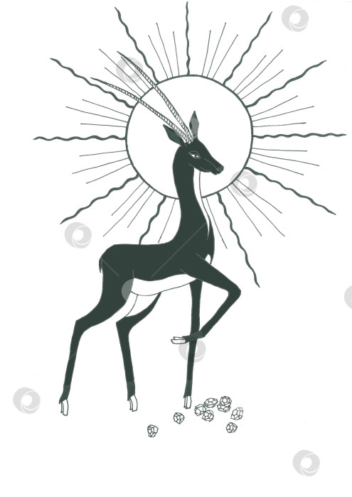 Скачать Контурный рисунок антилопы с длинными рогами, стоящей над грудой бриллиантов. Иллюстрация к сказке о Золотой антилопе. На заднем плане изображено символическое изображение солнца в индийском стиле. фотосток Ozero