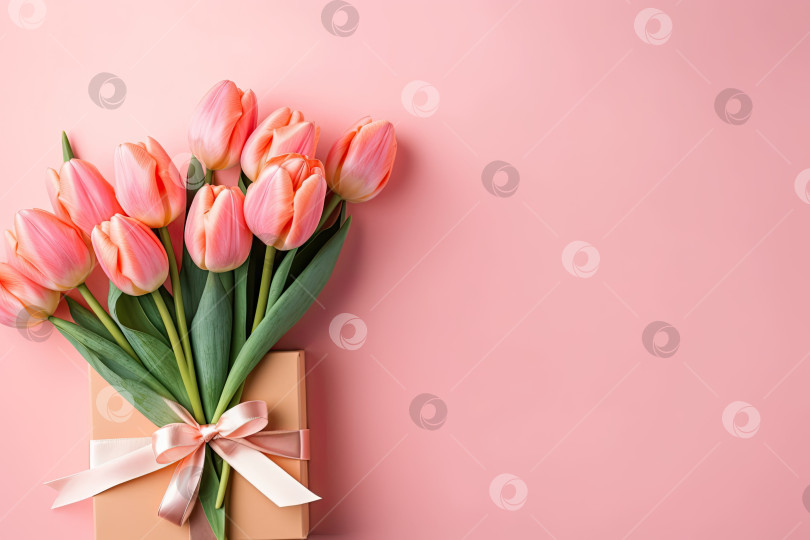 Скачать Розовый тюльпан на розовом фоне. Весенний узор. День матери. Поздравительная открытка с пробелом для копирования. фотосток Ozero