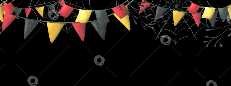 Скачать Гирлянды с красными, черными и желтыми флагами бывают квадратными и треугольными с паутиной. Нарисованная от руки акварельная иллюстрация ко дню мертвых, Хэллоуину, Диа-де-лос-муэртос. Шаблон на черном фоне. фотосток Ozero