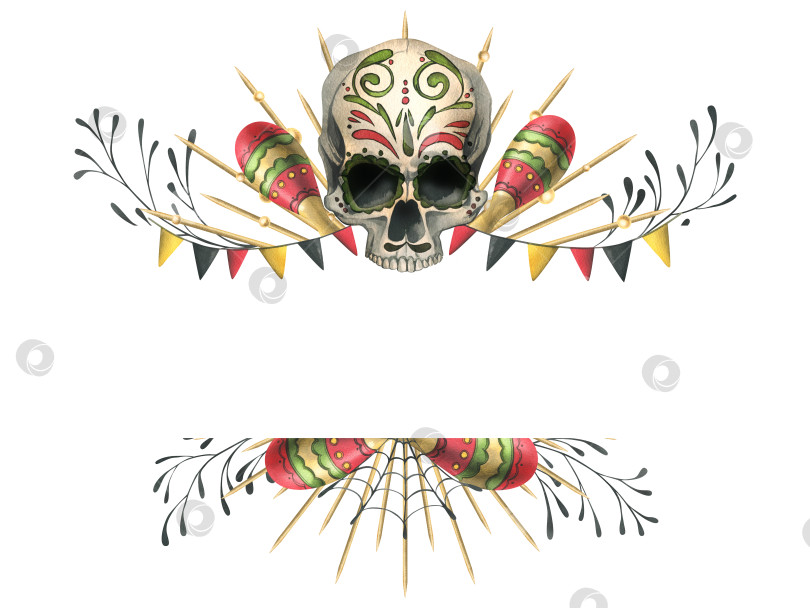 Скачать Человеческий череп с орнаментом, в золотой короне с лучами, с паутиной, гирляндами флагов и маракасами. Нарисованная от руки акварельная иллюстрация ко дню мертвых, Хэллоуину, Диа-де-лос-муэртос. Шаблон фотосток Ozero