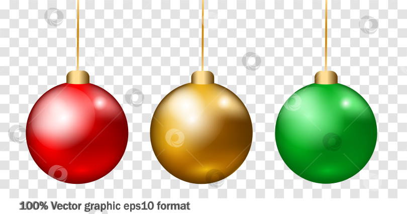 Скачать Набор реалистичных рождественских шаров для украшения, красных, золотых и зеленых, на веревочке. Прозрачный фон. фотосток Ozero