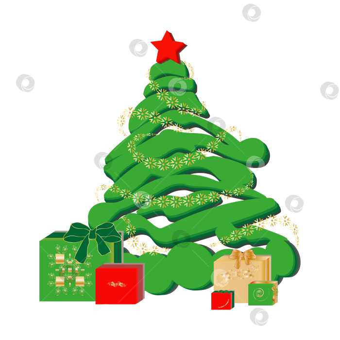 Скачать Рождественская елка с красной звездой и подарочными коробками. фотосток Ozero