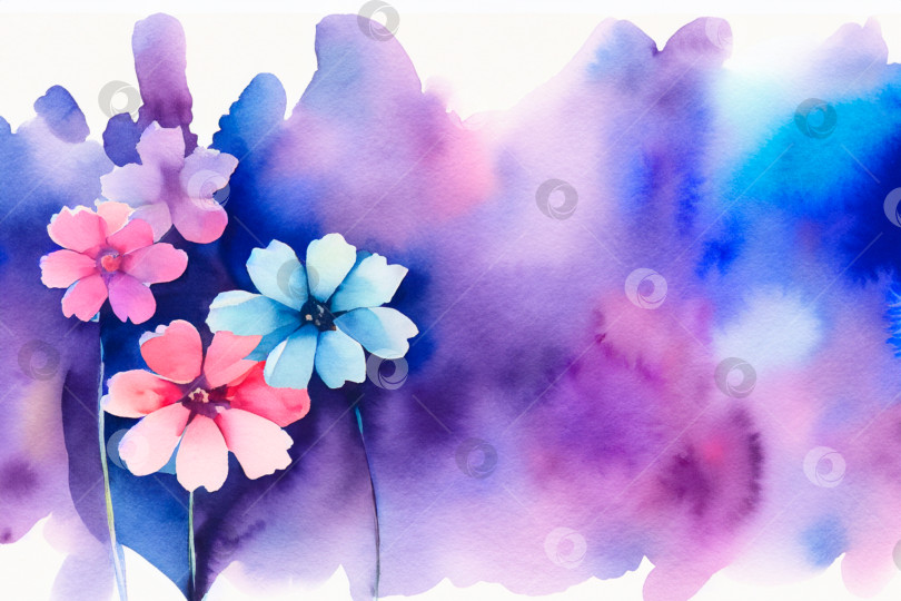 Скачать Фон с голубыми и розовыми цветами, нарисованными влажной акварелью. Пространство для копирования. Для упаковки, обложек для тетрадей фотосток Ozero