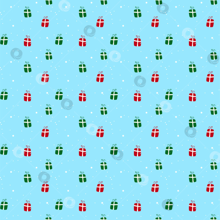 Скачать Рождественский бесшовный узор с красными и зелеными подарками на синем фоне фотосток Ozero