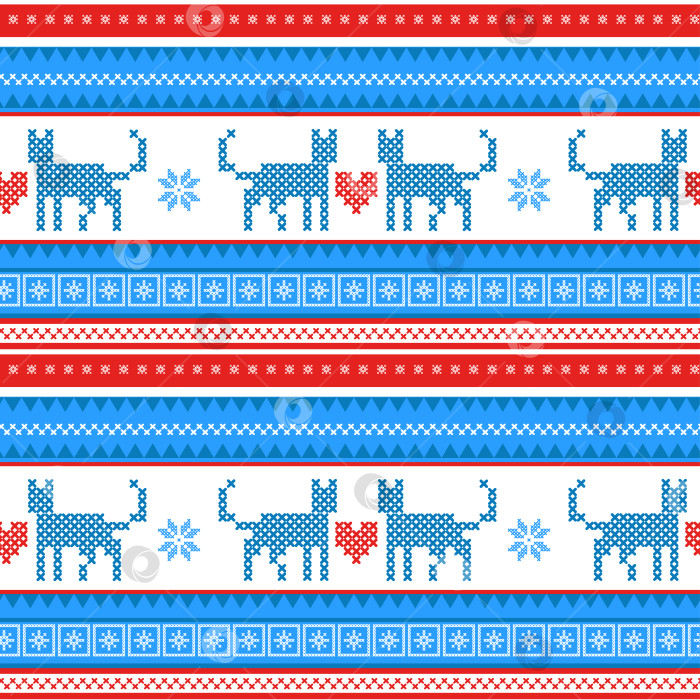 Скачать Ярко-синий бесшовный рождественский фон с кошками, сердечками и снежинками фотосток Ozero