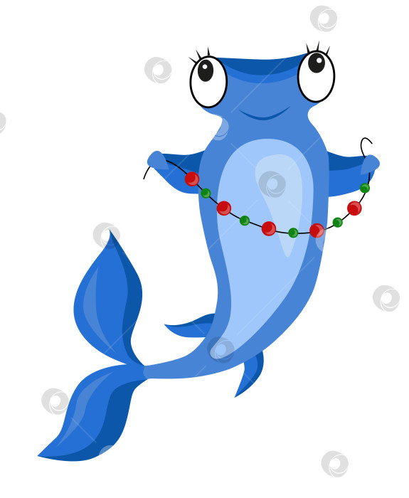 Скачать Забавный симпатичный персонаж рыба-молот с гирляндой из ниток с елочными шарами зеленого и красного цветов фотосток Ozero