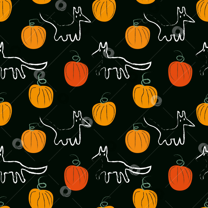 Скачать Рисунок Хэллоуина призраки лисы и оранжевые тыквы на поле фотосток Ozero